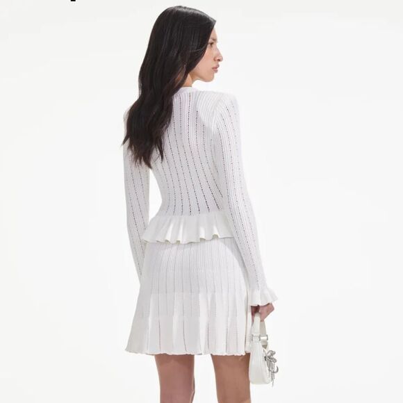 NWT SELF-Portrait WHITE KNIT PEPLUM MINI DRESS Medium - Picture 7 of 14